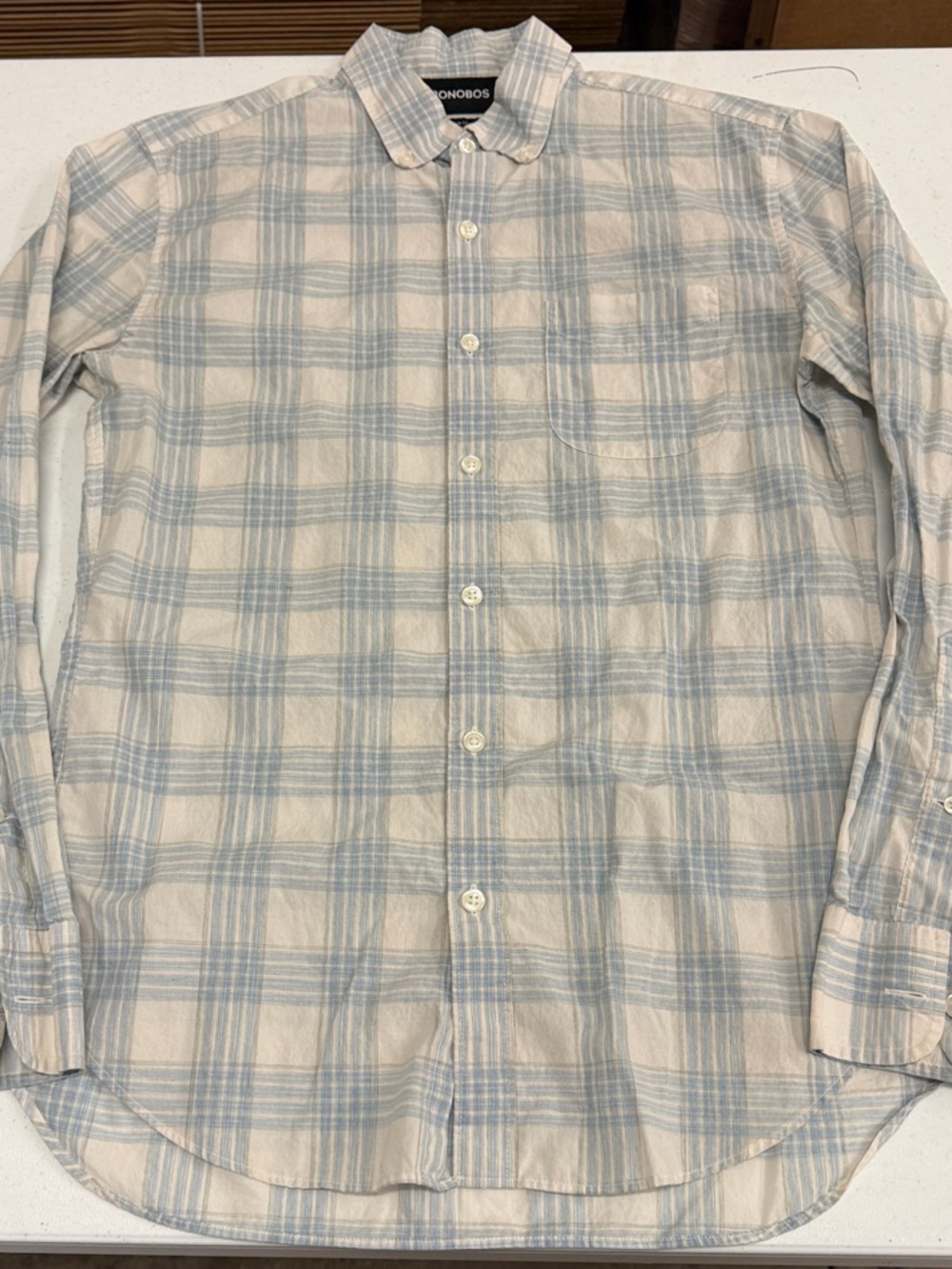 Bonobos Light Blue and Cream Plaid Button-Down Shirt